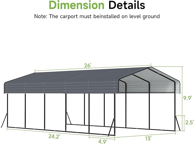 Real Relax 13' x 26' Metal Carport, Heavy Duty Carport with Galvanized Steel Roof with Metal Frame, Extra Long Outdoor Garage Car Shelter Shade for SUV Trucks and Boats, Gray