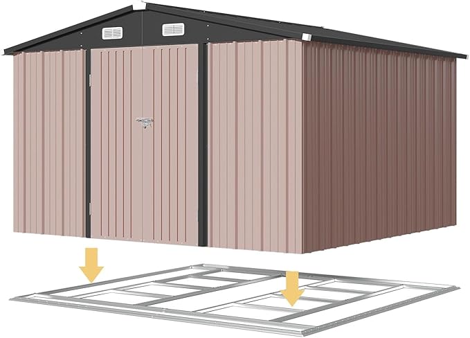 Aoxun 10x10 FT Shed Outdoor Storage Shed with Base, Large Shed Steel Utility Tool Shed Storage House with Door & Lock, Metal Sheds with Sloped Roof for Garden Patio Lawn Poolside, Brown