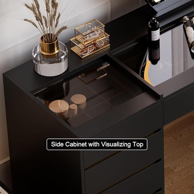 homary Vanity Desk with LED Mirror, Makeup Vanity with Power Outlet and Tempered Glass Top, Makeup Table with 6 Drawers, 3 Lighting Modes Vanity Table with Chair for Bedroom