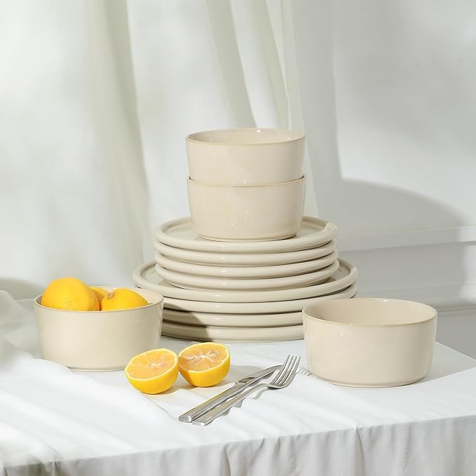 Stone Lain Eden 24-Piece Dinnerware Set Stoneware, Plates and Bowls Set, Dishwasher and Microwave Safe Dish, Dish Set for 8, Beige