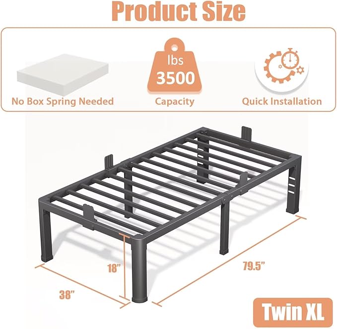 18 Inch Twin XL Bed Frame with Rounded Corner and Headboard Hole Mattress Retainers 3500 lbs Heavy Duty Support Metal Platform Bed Frame Noise Free No Box Spring Needed Easy Assembly