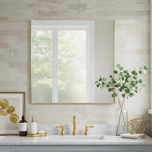 30x30 Inch Gold Bathroom Mirror - Copper-Free Mirror, Aluminum Alloy Frame Vanity Rectangle Wall Mounted Modern Mirror for Bedroom/Living Room/Porch Horizontal or Vertical