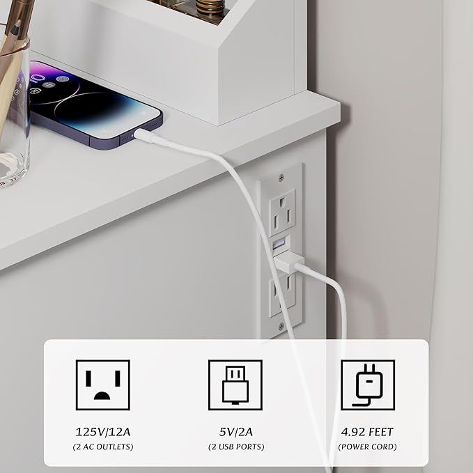 Dressing Table Set, Large Storage Space vanity with Mirror, Power Outlet, Makeup Vanity Bench with 2 Drawers Cushioned Stool for Beauty Storage & Cosmetics, Vintage Vanity Desk for Women (White)