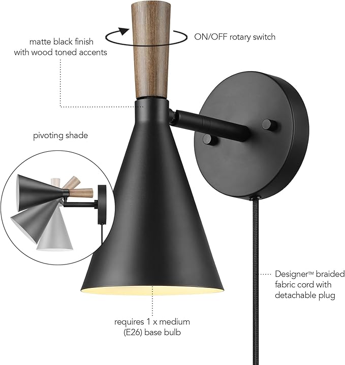GLOBE Electric 65000101 Plug-in or Hardwire Wall Sconce, Matte Black Finish, Wood-Toned Switch, Metal Shade, 6-Foot Cord, E26 Base, Easy Installation