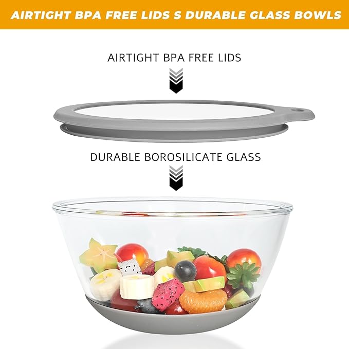 Glass Mixing Bowls HEAVY DUTY Top Choice for High-end Kitchens Extra-thick Glass Mixing Bowl Set of 3 with BPA-Free Airtight Lids Large Nesting Bowls with Non-Slip Silicone Base Well-made