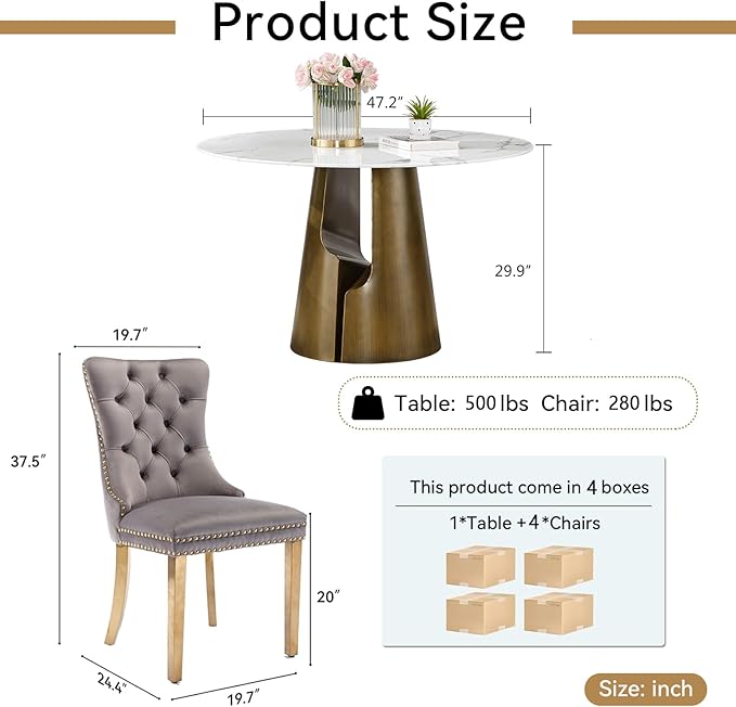 5-Piece Faux Marble Round Dining Table Set for 4, Modern Luxury Kitchen Table Set for 4 with Grey Tufted Chairs,Circle Dining Tables with White Marble Grain Top and Bronze Pedestal Base