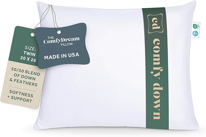 ComfyDown 50/50 Down Feather Blend ComfyDream Bed Pillow for Sleeping, Egyptian Cotton Cover, Made in USA, Twin Size (Twin)