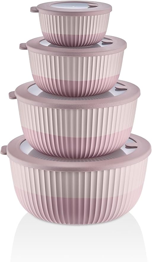 Hobby Life Dora Series, 4-Mixing Bowls with 4-Airtight Lids – 8-Piece Nesting Bowl Set, Leak-Proof Plastic Kitchen Bowls for Mixing, Serving & Food Storage–Non-Slip, BPA-Free, Microwave & Freezer Safe