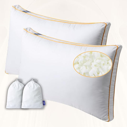 Adjustable Premium Memory Foam Pillow, Queen Set of 2-30x18 inches, 400 TC Organic Cotton Cover with Down Alternative Plush Padding, Designed for Stomach, Back, & Side Sleepers