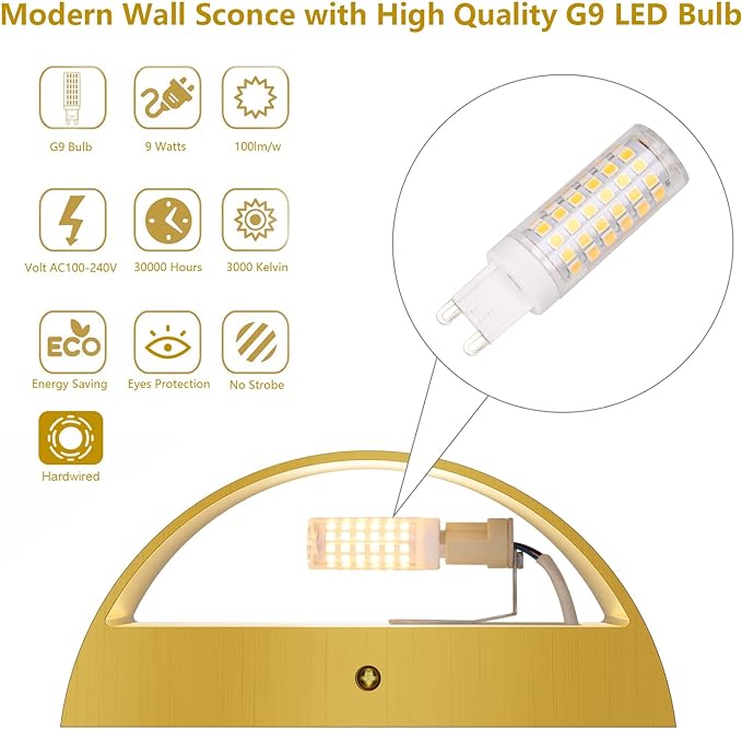 Aipsun Brushed Brass Wall Sconce Indoor Wall Lights Hardwired 1 Pack Up and Down Wall Mount Light for Living Room Bedroom Hallway Corridor Conservatory Warm White 3000K(with G9 Bulbs)