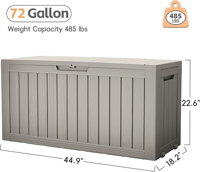 Outdoor Storage Box, 72 Gallon Waterproof Resin Deck Box, Storage Bin for Package Delivery, Patio Furniture Cushion, Garden Tools, Pool Accessories, Weatherproof and UV Resistant, Grey