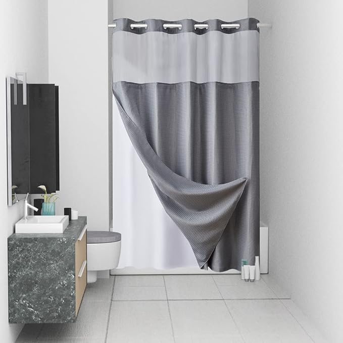 Furlinic Stall Size No Hook Shower Curtain with Snap in Liner,Waffle Weave Heavy Duty Fabric Bathroom Curtains with See Through Top Window,Waterproof & Machine Washable,Grey,36x72 Inch