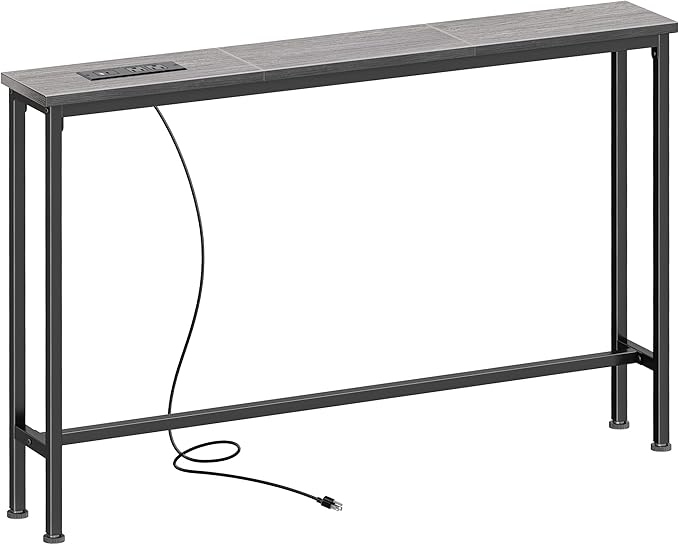 SUPERJARE 5.9 Inch Console Table with Outlet, Sofa Table, Behind Couch Table, 5.9 x 39.4 x 29.1 Inches, Metal Frame, Charging Station, Charcoal Grey