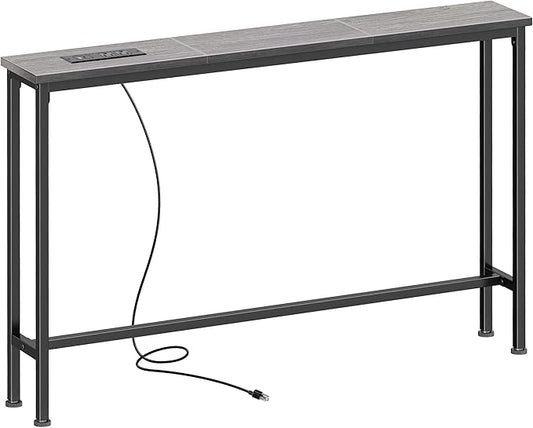 SUPERJARE 5.9 Inch Console Table with Outlet, Sofa Table, Behind Couch Table, 5.9 x 39.4 x 29.1 Inches, Metal Frame, Charging Station, Charcoal Grey
