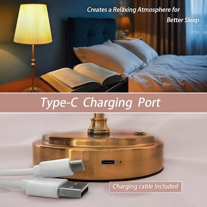 Cordless Table Lamp Rechargeable Vintage Gold-5000mAh Battery Operated Lamp for Decor, 2700K Stepless Dimming Touch Control Wireless Lamp for Bedroom, Living Room, Office, Dormitory