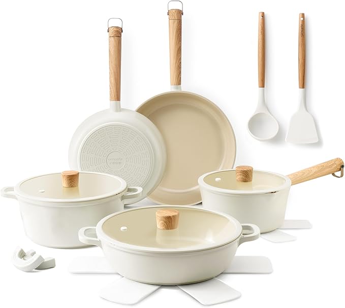 SENSARTE Ceramic Nonstick Cookware Set Non-toxic Healthy Pots and Pans Set Ceramic Coated Kithchen Cooking Set, Free of Intentionally Added PFAS/PTFE, Dishwasher&Oven Safe, Induction Compatible, 15pcs