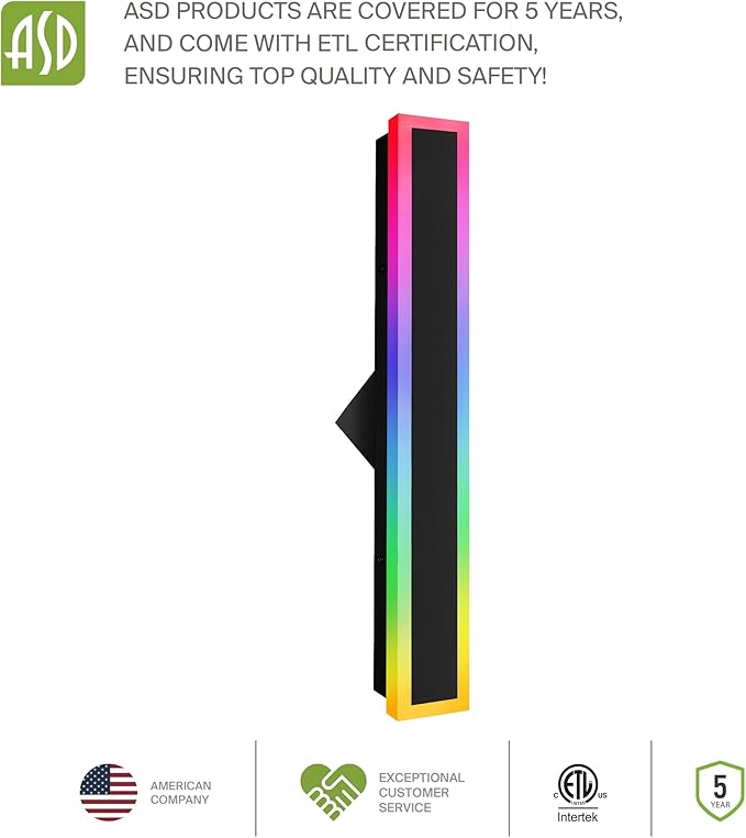 ASD LED 48" Long Wall Mount Light Fixture, Outdoor & Indoor Linear Sconce | RGBW, Smart, Waterproof, Anti-Rust, ETL Listed | 36W 1900LM 2700-6500K 100-277V | Exterior Porch Lighting | Black