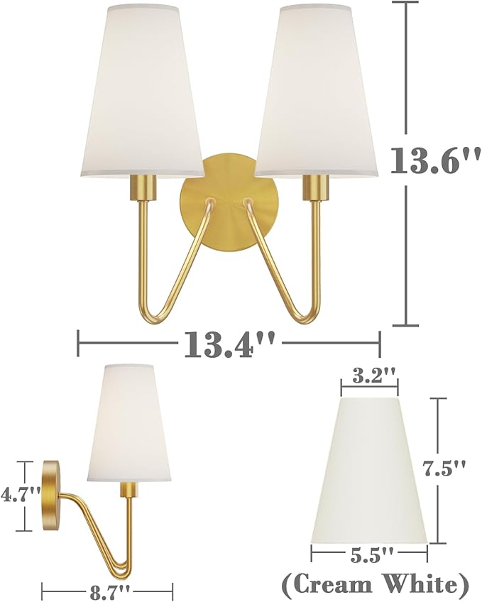 Electro bp;Double Head Classic 2 Lights Wall Sconces Lighting Fixture Polished Gold with Cream White Linen Fabric Lamp Shades E12 80W Hardwired;