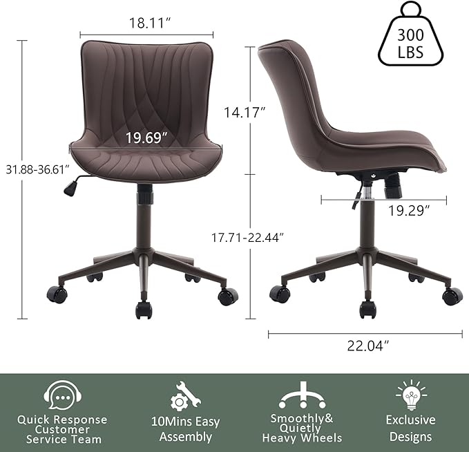 YOUTASTE All Brown Office Chair, Modern Armless Desk Chair with Back, Adjustable Swivel Rolling Faux Leather Task Chair with Wheels Metal Base for Home Office, Study, or Vanity