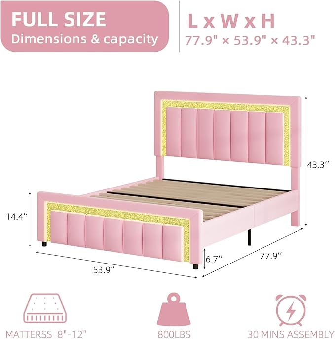 HOMBCK Bed Frame Full Size with LED Lights and Velvet Upholstered Headboard, Bed Frame Full with Modern Diamond Headboard Adjustable, Wooden Slats Support, Noise Free, No Box Spring Needed, Pink