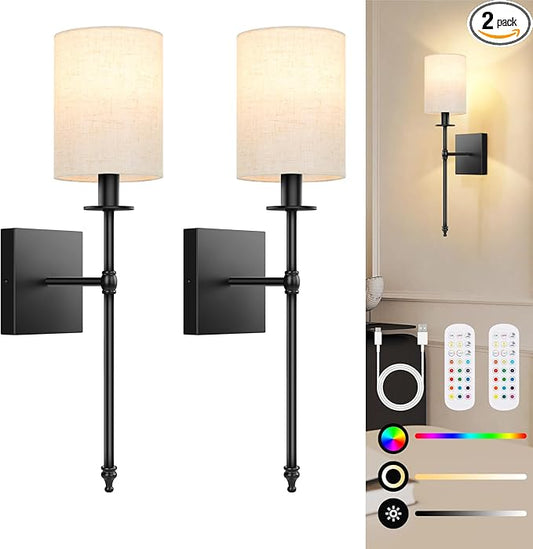 19.9 Inch Black Battery Operated Wall Sconces Set of 2, Rechargeable Wireless Wall Lights with Remote & White Fabric Shade, Indoor Not Hardwired Dimmable Wall Lamps for Living Room, 2 Bulbs Included