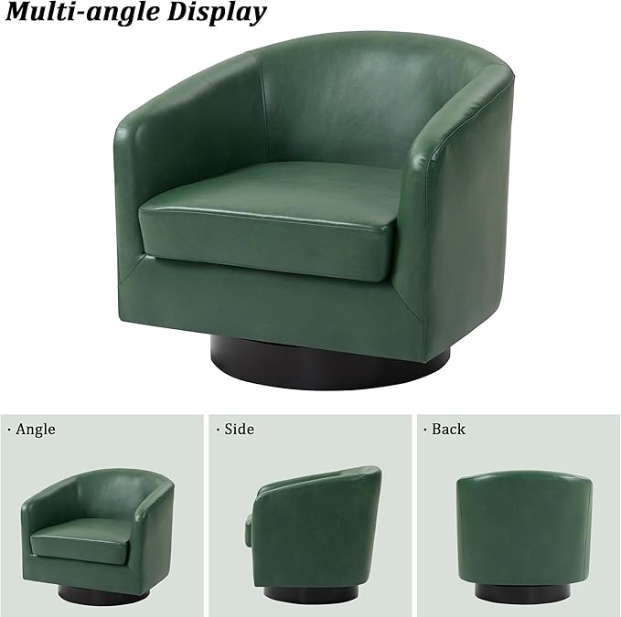 Swivel Barrel Chair, Modern Round PU Leather Accent Armchair for Living Room, Bedroom, Oversized Comfy Club Reading Chairs for Adults (Leather Green, Set of 1)