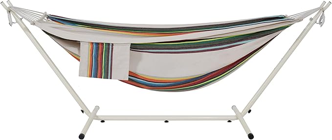 LazyDaze Hammocks Double Hammock with Stand - 2 Person Heavy Duty Outdoor Hammock for Adults, Includes Durable Steel Stand, Portable Carrying Bag and Pillow, Rainbow Stripes