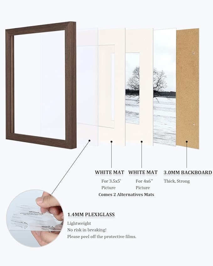 Egofine 8x10 Picture Frame Made of Solid Wood with Plexiglass, Display Pictures 4x6/5x7 with Mat or 8x10 Without Mat for Tabletop and Wall Mounting, Rustic Brown