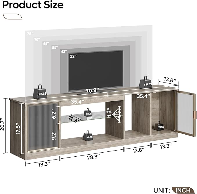 Bestier 70 inch TV Stand for TVs up to 80 Inch, LED Entertainment Center with Adjustable Glass Shelf & Translucent Doors Storage Cabinet for PS5 Xbox, Modern TV Console for Living Room, Washed Gray