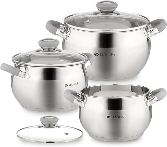 Daniks Modern 6-Piece Stainless Steel Induction Cookware Set – Dishwasher Safe Pots with Heatproof Handles, Glass Lids, Silver