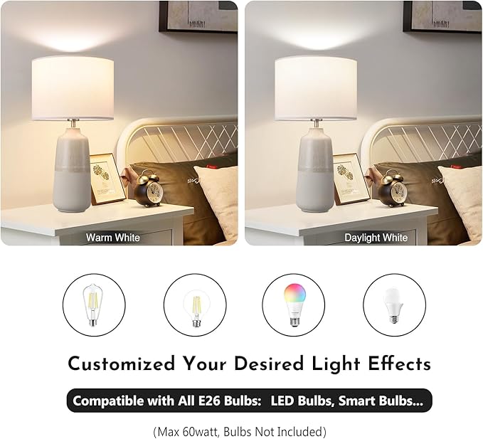 Tall Ceramic Table Lamp Set of 2, White Lamps for Bedroom Farmhouse Rustic Lamp Set Bedside Nightstand Lamps Set of Two Side Table Lamps for Living Room, 22IN