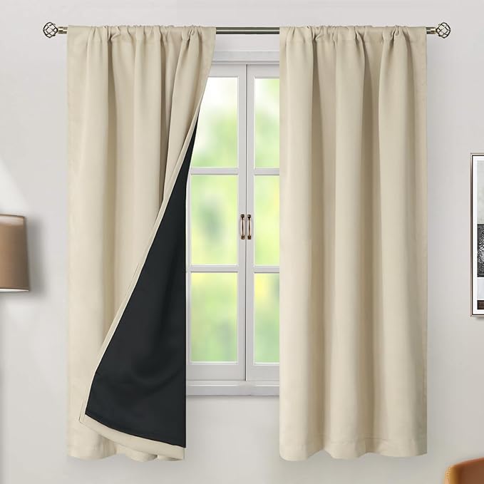 BGment Beige 100% Blackout Curtains 63 Inches Long with Thermal Insulated Liner, Rod Pocket and Back Tab Double Layer Full Room Darkening Window Curtain for Bedroom, 2 Panels,Each 38 x 63 Inch