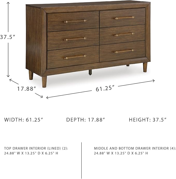 Signature Design by Ashley Lyncott Mid-Century Modern 6-Drawer Dresser with Safety Stop and Felt Lined Top Drawers, Dark Brown