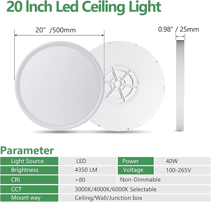 20 Inch Large LED Flush Mount Ceiling Light, 40W,4350LM, 3000K/4000K/6000K CCT Selectable,White Round Flat Panel Light Low Profile Ceiling Light Fitures for Hallway, Kitchen, Bedroom, Laundry Room