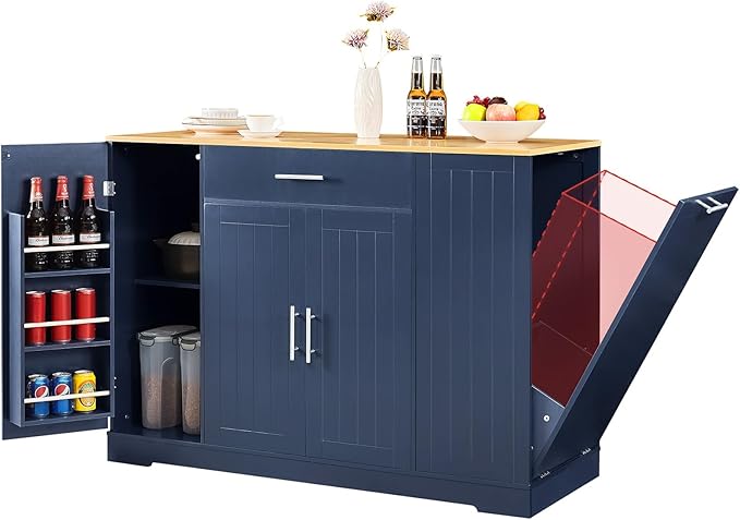 53" Long Kitchen Island with Trash Can Storage, Blue Kitchen Cart with Garbage Bin 10 Gallon, Portable Island with Trash Can, Wood Top, Spice Rack and Drawers