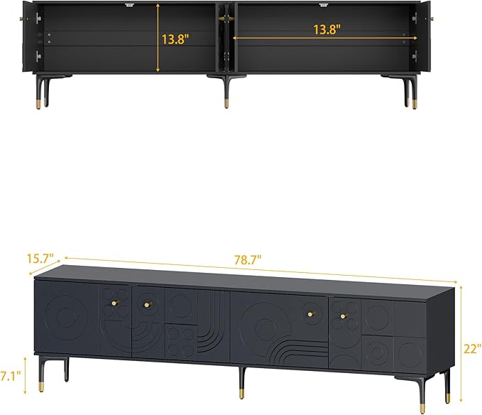 78.7'' W TV Table Stand with Storage, Mid-Century Modren Under TV Cabinet with 4 Doors, Farmhouse Entertainment Media Center with Storage for Living Room, Entryway, Office Furniture, Black