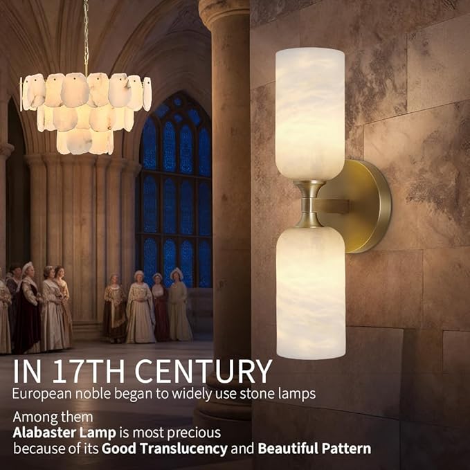 Alabaster Wall Sconce 14in Modern Spanish Natural Marble Bathroom Vanity Sconces, Antique Brass Sconces Wall Lighting, Gold Wall Light Fixtures Decor, for Bedroom Living Room Staircases Hallway