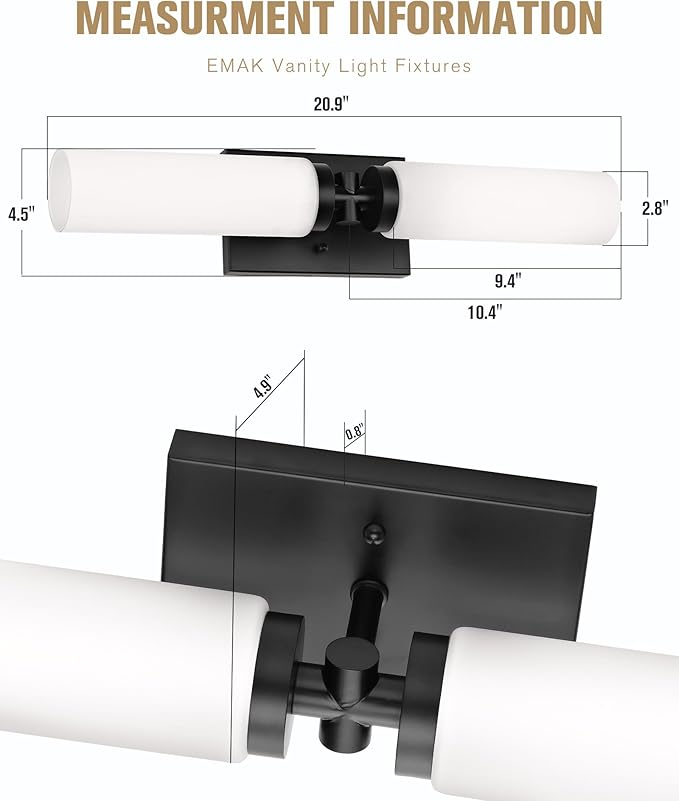 Emak Black Vanity Lights for Bathroom, Modern Farmhouse 2-Light Bathroom Light Fixtures Over Mirror with Milk Glass Shade, 21 Inch Cylinder Wall Sconces, VL086-BK-ML-2