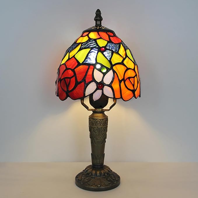Rose Tiffany Small Table Lamp 3 Way Color Temperatures Stained Glass Bedside Nightstand Table Lamps for Living Room,Bedroom, Home Office Reading Desk Lamp+LED Bulb,6X6X12.5 Inch