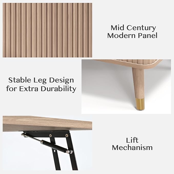 Lift Top Coffee Table with Storage,Mid Century Modern Coffee Table,Fluted Wood Rectangle Center Table for Living Room,Home Office,Natural Oak