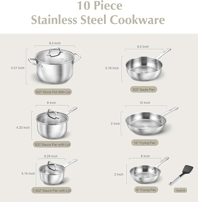 KOCH SYSTEME CS Stainless Steel Pots and Pans Set, 10 Piece Stainless Steel Cookware Set for Professional Cooking, Kitchen Cookware Sets, Induction Compatible Cookware Set 10 Pcs, Pots and Pans