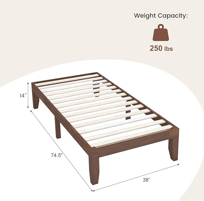 Giantex 14 Inch Twin Wood Platform Bed Frame, Minimalist Style Mattress Foundation with Solid Rubber Wood, Heavy Duty Slat Support, Without Headboard, Easy Assembly, No Box Spring Needed,Walnut