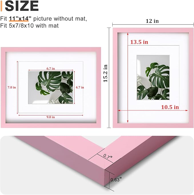 Egofine 11x14 Picture Frame with Plexiglass, Display Pictures 5x7/8x10 with Mat or 11x14 Without Mat for Tabletop and Wall Mounting, Pink