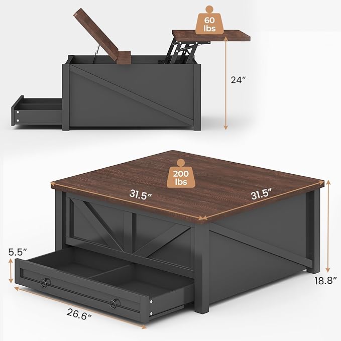 Itaar Wooden Coffee Table, Lift Top Coffee Table with Storage, Square Coffee Tables with Drawers and Hidden Compartment, Center Table for Living Room, Home Office, Black