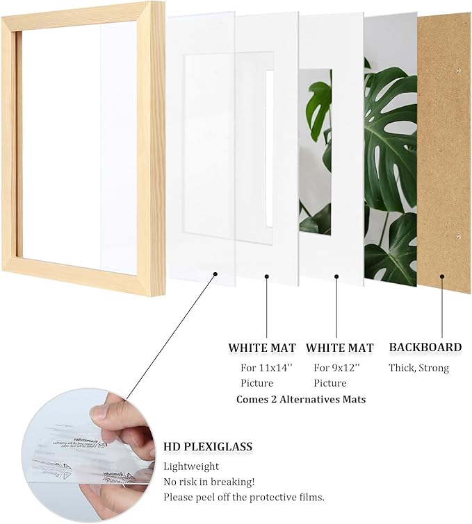 Egofine 12x16 Picture Frame Natural Wood Made of Solid Wood with Plexiglass, Display Pictures 9x12/11x14 with Mat or 12x16 Without Mat, for Wall Mounting Photo Frame