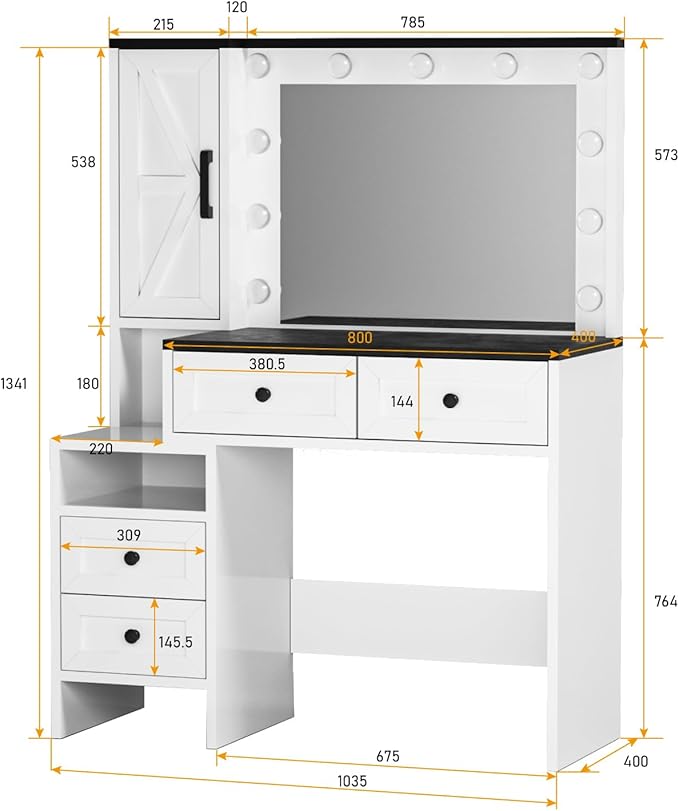 Likein Vanity Desk with Mirror and Lights, Makeup Vanity Set with 4 Drawers & Storage Cabinet, Power Outlet, White Vanity Dressing Table with 3 Lighting Modes Adjustable for Girl Bedroom