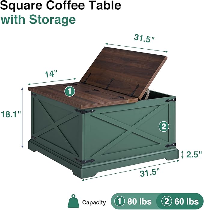Farmhouse Square Coffee Table with Storage, Wood Center Table with Hinged Lift Top, Rustic Cocktail Table with Large Hidden Storage Compartment for Living Room, Bedroom,Green