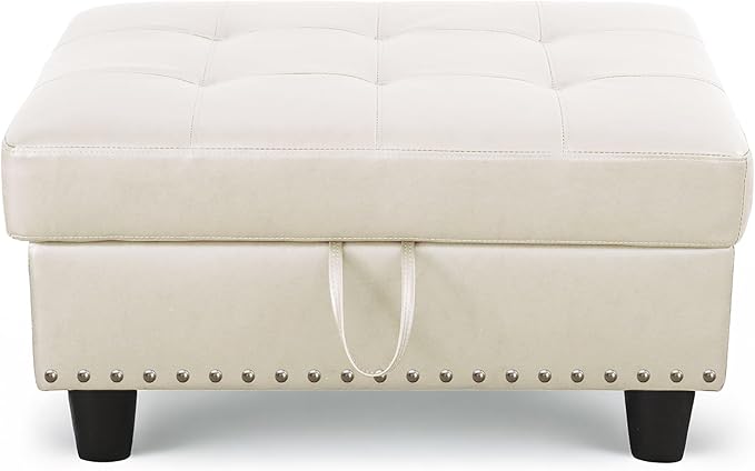 Ottoman Rectangular Storage Ottoman Bench, Faux Leather Footrest, Coffee Table, Stool Footstool with Hinged Lid for Living Room, Bedroom, Entryway, White, 28.5"x19"x17.5"