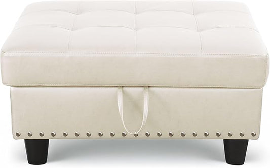 Ottoman Rectangular Storage Ottoman Bench, Faux Leather Footrest, Coffee Table, Stool Footstool with Hinged Lid for Living Room, Bedroom, Entryway, White, 28.5"x19"x17.5"