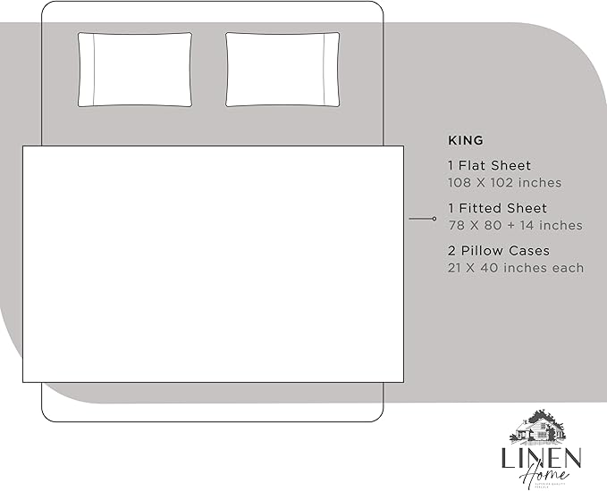 Linen Home 100% Cotton Percale Sheets King Size, Silver, Deep Pocket, 4 Pieces Set - 1 Flat, 1 Deep Pocket Fitted Sheet and 2 Pillowcases, Crisp Cool and Strong Bed Linen